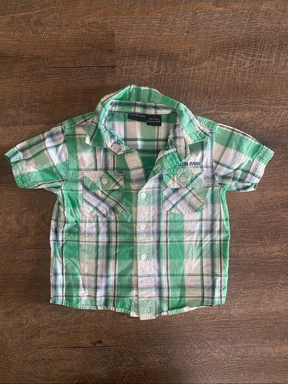 Calvin Klein Jeans Green and White Plaid Short-Sleeve Button-Down Shirt for Kids